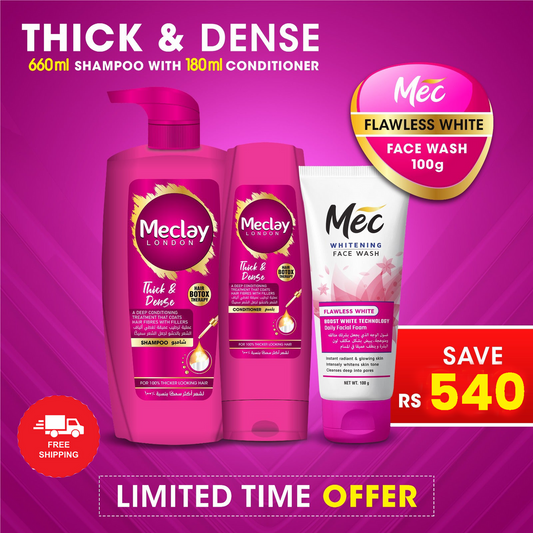 Meclay London

(FREE DELIVERY) Meclay London Thick & Dense Shampoo 660ml With Conditioner 180ml + Mec Flawless White Face Wash